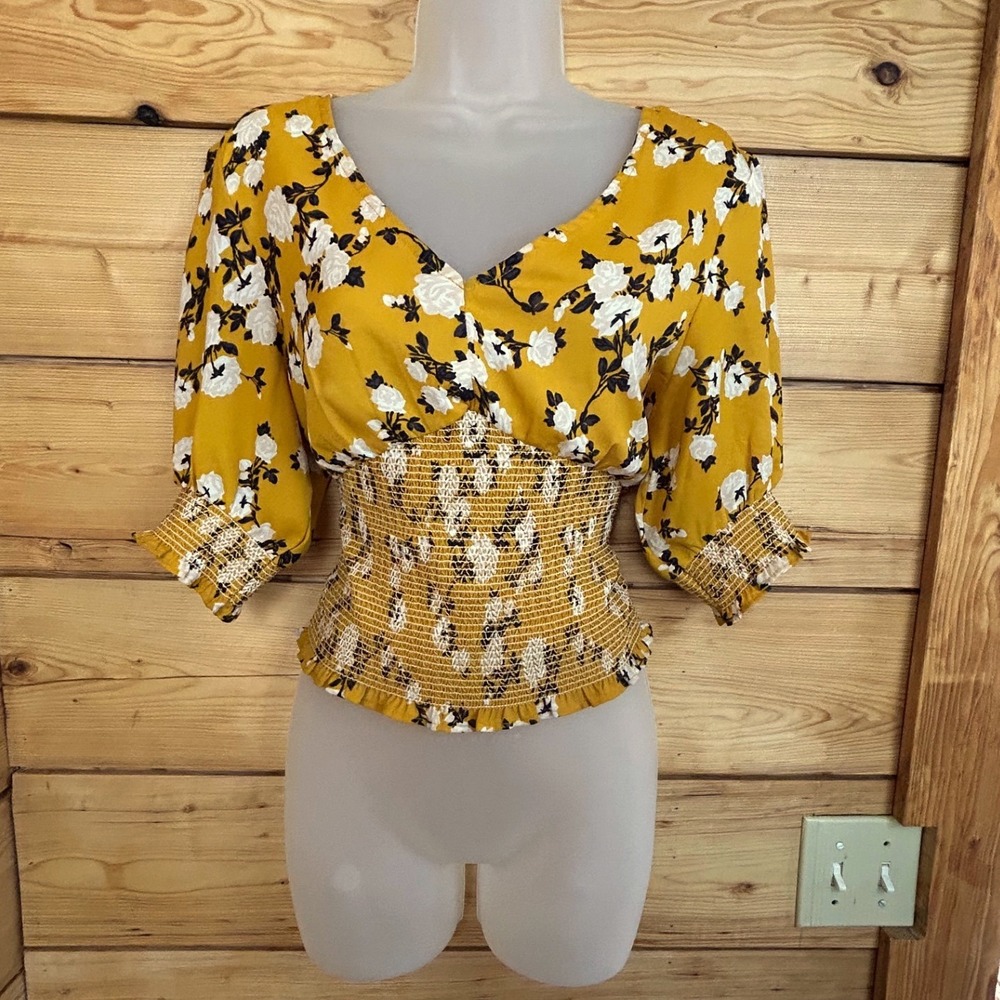 Brave Soul London Mustard Yellow Floral Smocked Waist V-Neck Blouse Small